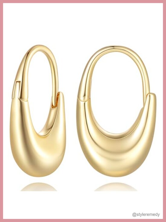 Jewelry - 14K Gold Plated Chunky Hoop Earrings French Wire Crescent Minimalist